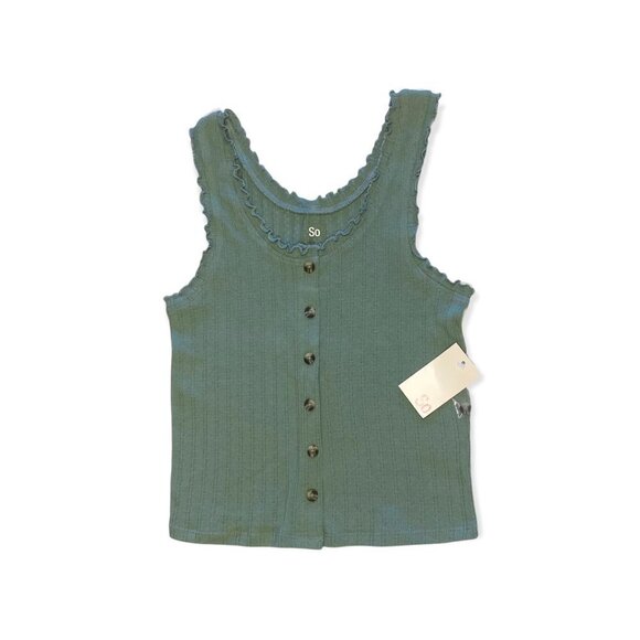 SO Tops - SO Button Front Tank Top Shirt with Ruffled Straps Green M